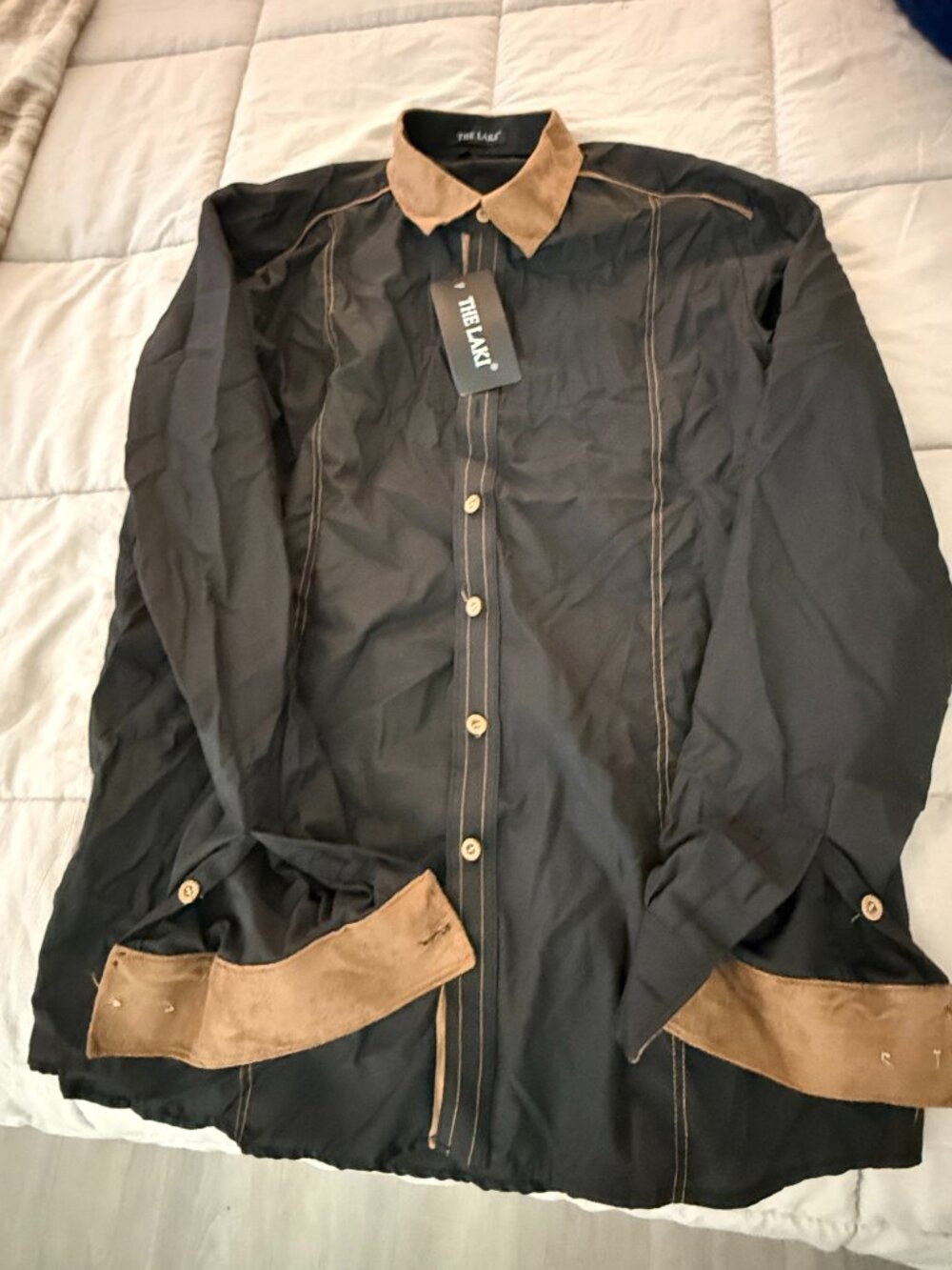 The Laki Mens XXL Black Tan Contrast Long Sleeve Button Up Shirt NWT
